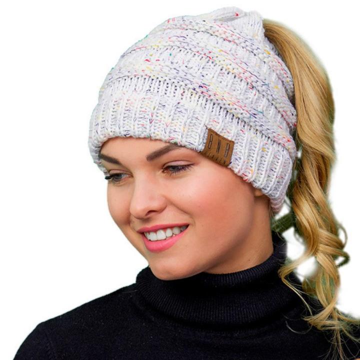 Ponytail Messy Bun Beanie Knitted Winter Hat - thedealzninja