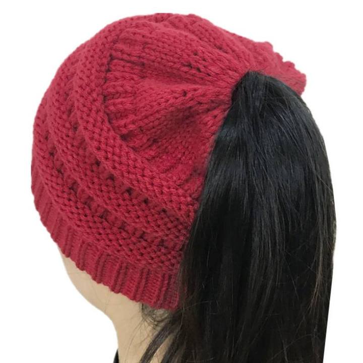 Ponytail Messy Bun Beanie Knitted Winter Hat - thedealzninja